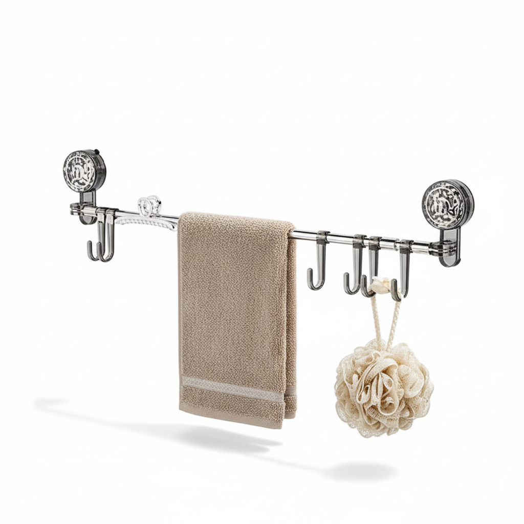 Gray retractable wall hook rack holding a towel and bath sponge