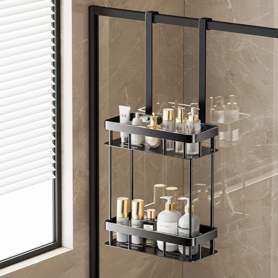 Double-tier hanging shower caddy installed over a glass door