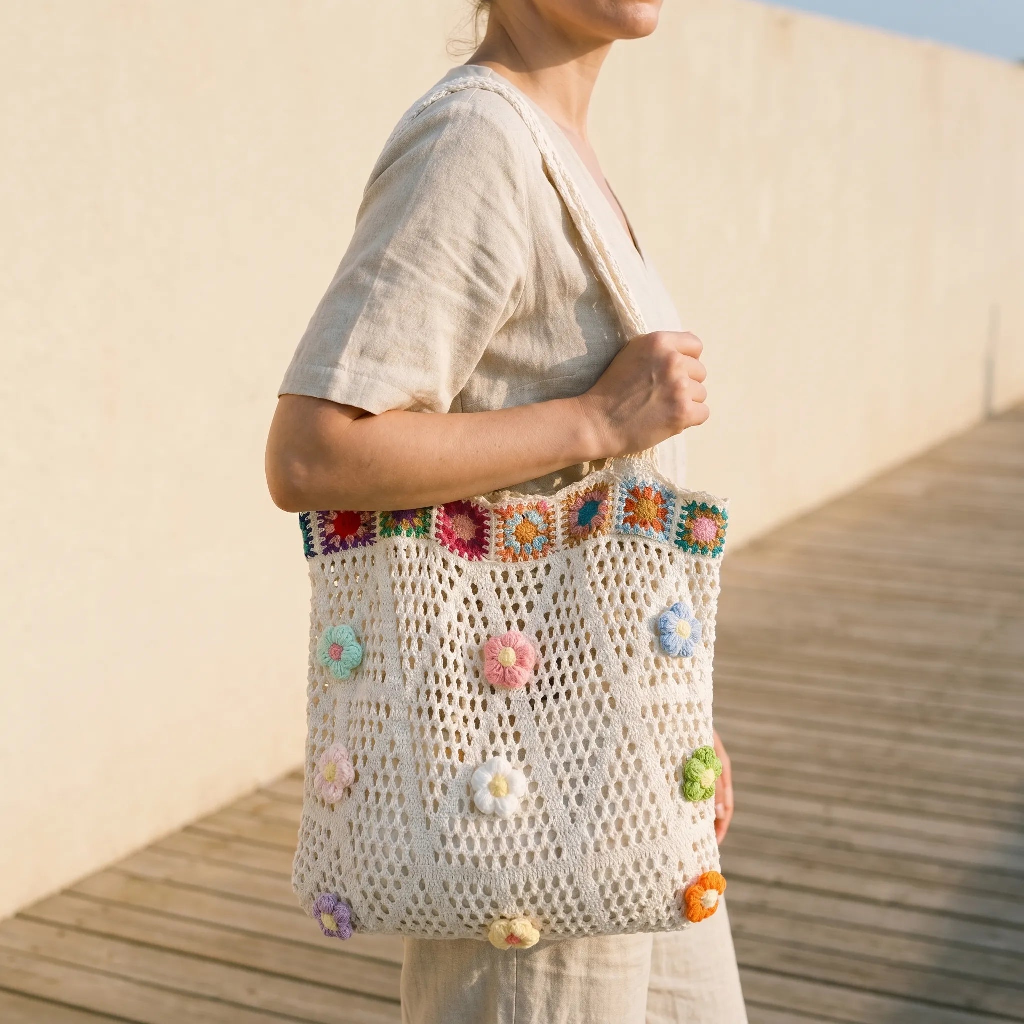 Beige crochet everyday tote bag carried over the shoulder