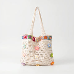 Beige crochet tote bag with colorful flower details
