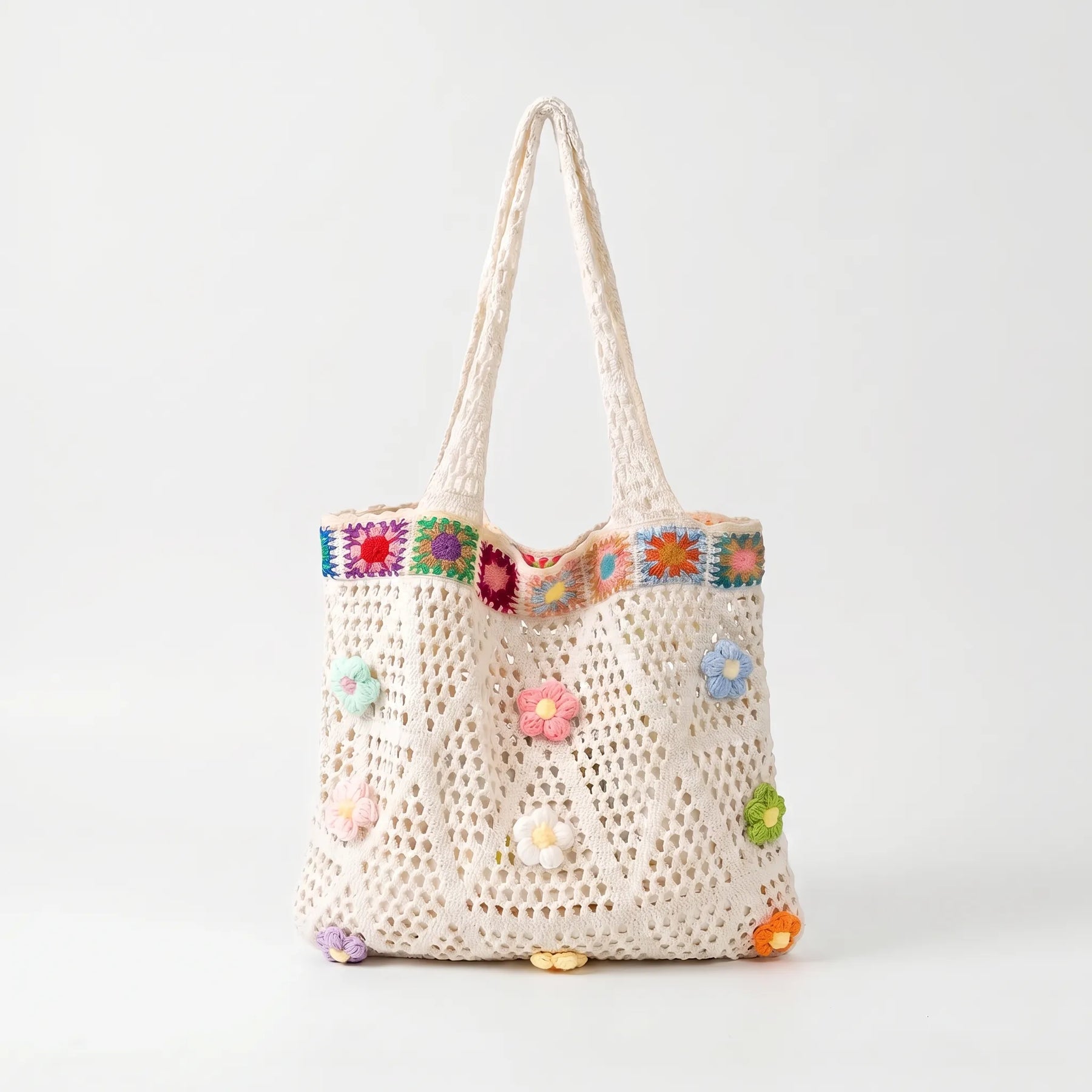 Beige crochet tote bag with colorful flower details