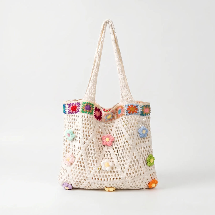 Beige crochet tote bag with colorful flower details