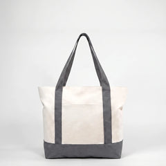 Gray canvas tote bag with exterior pocket