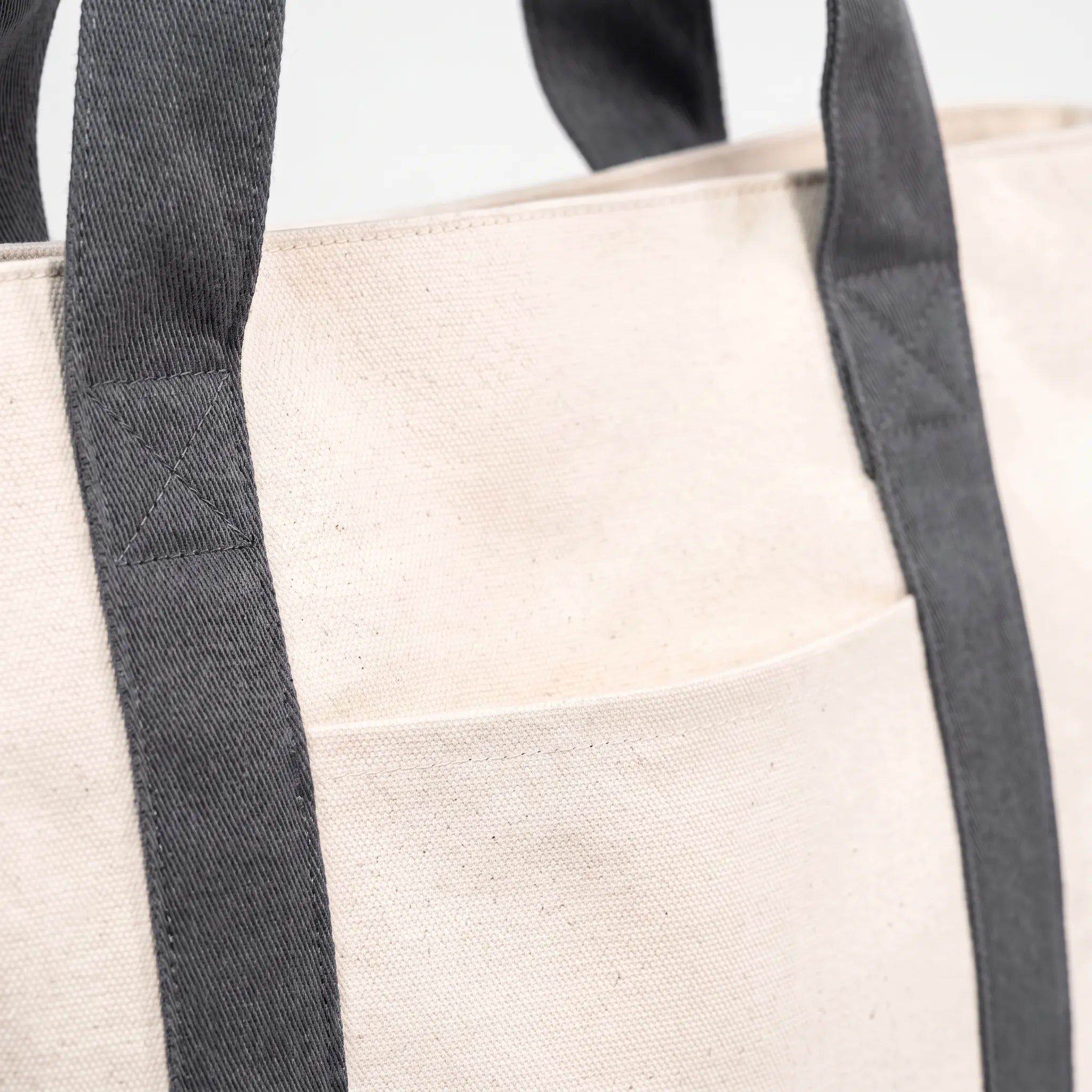 Close view of the canvas body and Gray shoulder handle