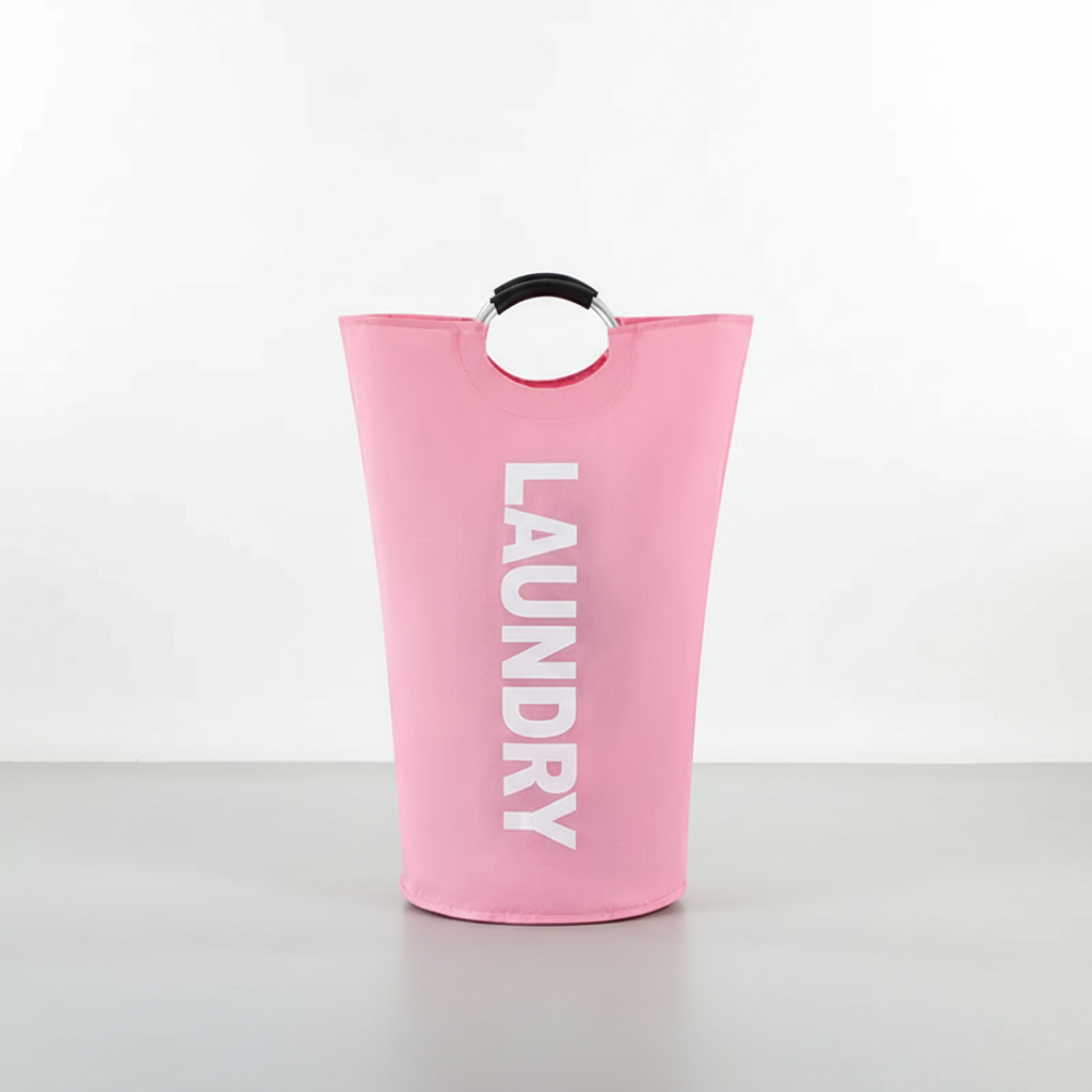 Pink foldable laundry basket with ring handles