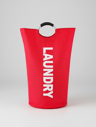 Red foldable laundry basket with ring handles