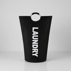 Black foldable laundry basket with ring handles
