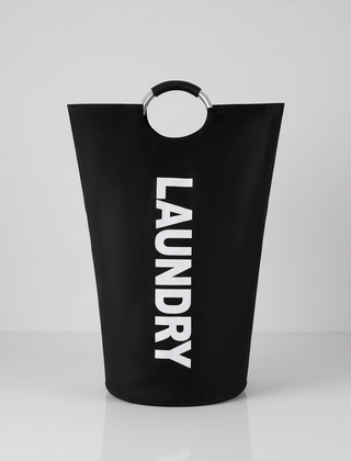 Black foldable laundry basket with ring handles