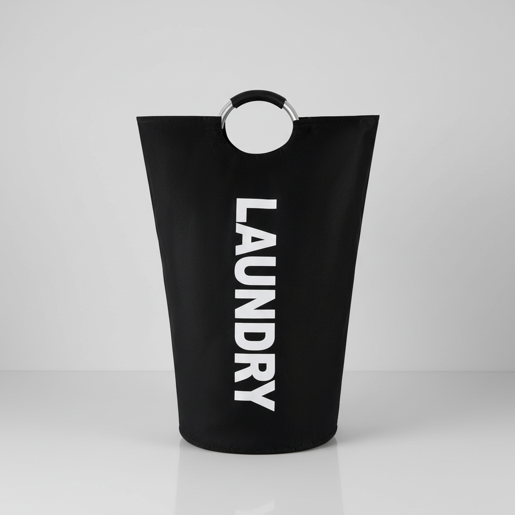 Black foldable laundry basket with ring handles