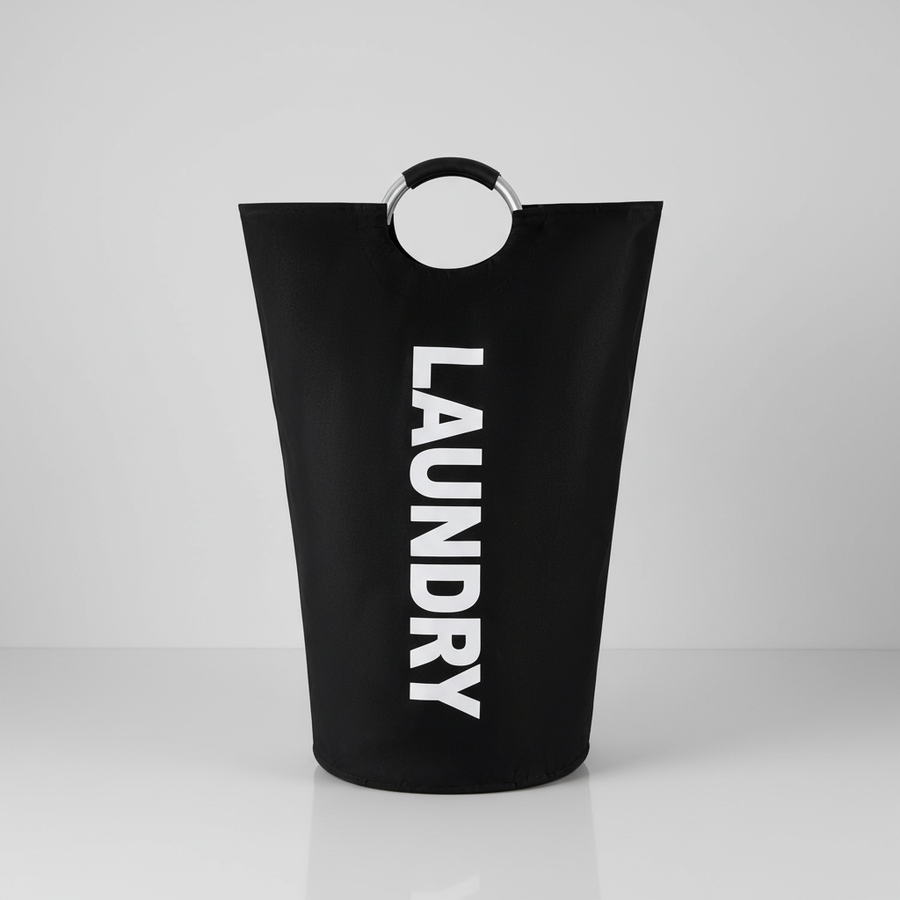Black foldable laundry basket with ring handles