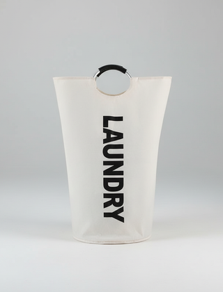 White foldable laundry basket with ring handles