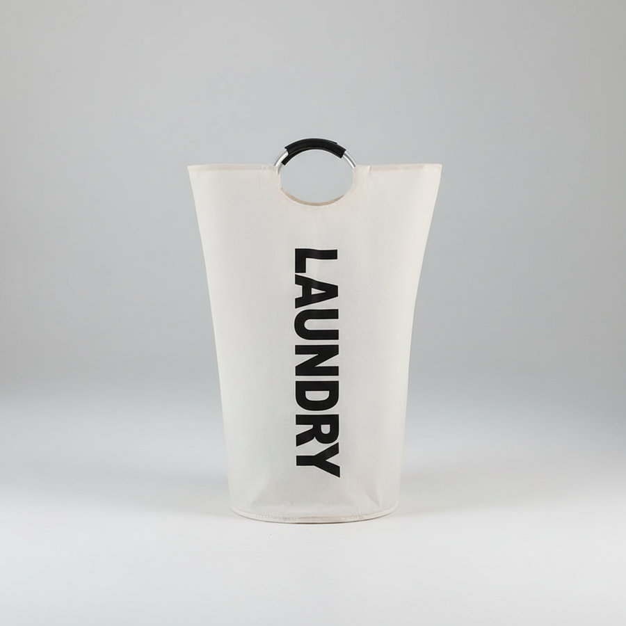 White foldable laundry basket with ring handles