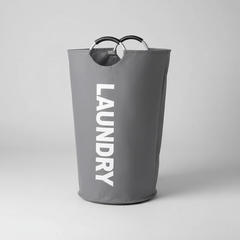 Gray foldable laundry basket with ring handles