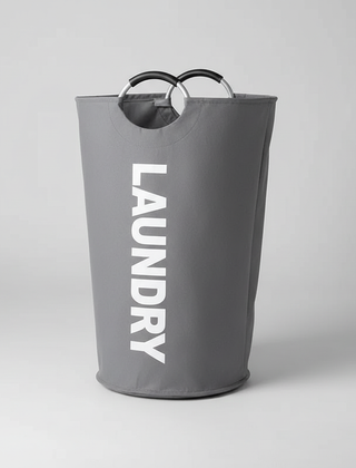 Gray foldable laundry basket with ring handles