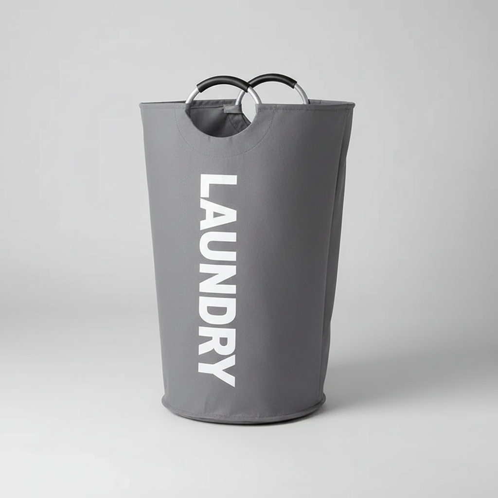 Gray foldable laundry basket with ring handles