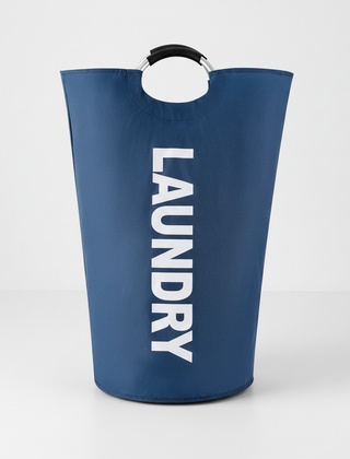 Dark Blue foldable laundry basket with ring handles