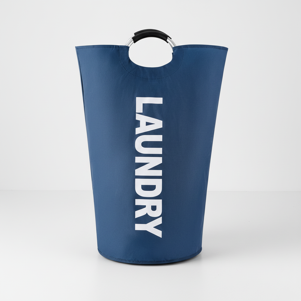 Dark Blue foldable laundry basket with ring handles