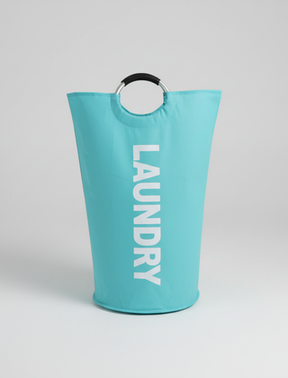 Turquoise foldable laundry basket with ring handles