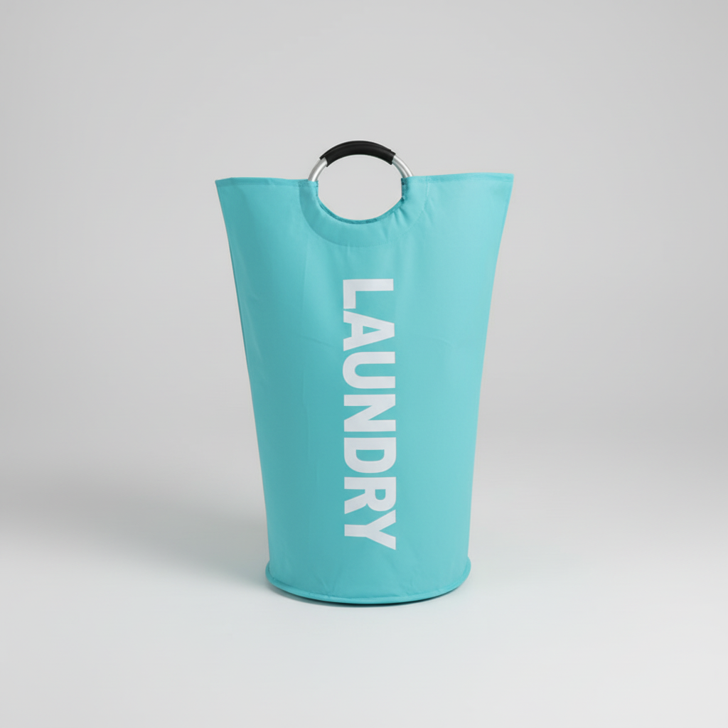 Turquoise foldable laundry basket with ring handles