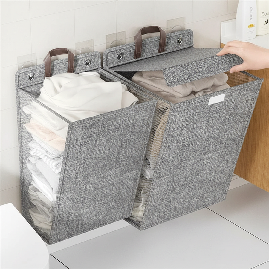 Gray wall-mounted foldable laundry baskets