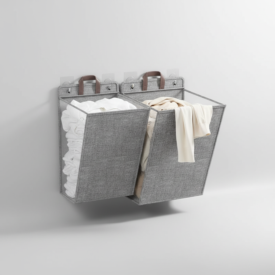 Two gray wall-mounted laundry baskets