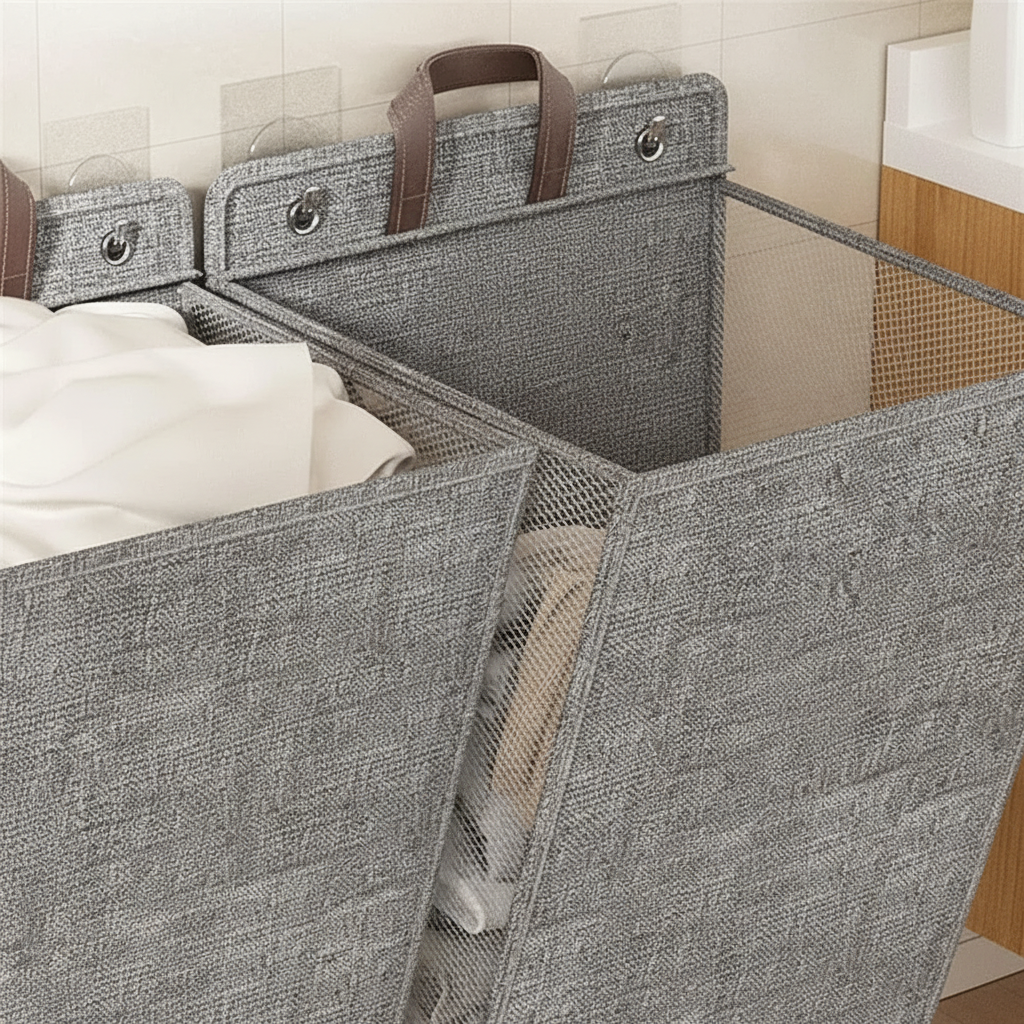 Breathable mesh panel on a wall-mounted laundry basket