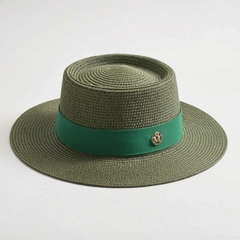 Green flat-top woven sun hat