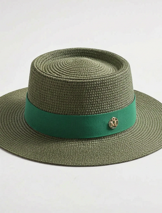 Green flat-top woven sun hat