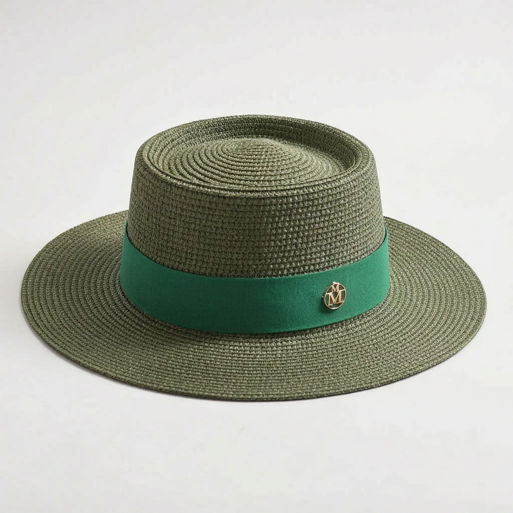 Green flat-top woven sun hat