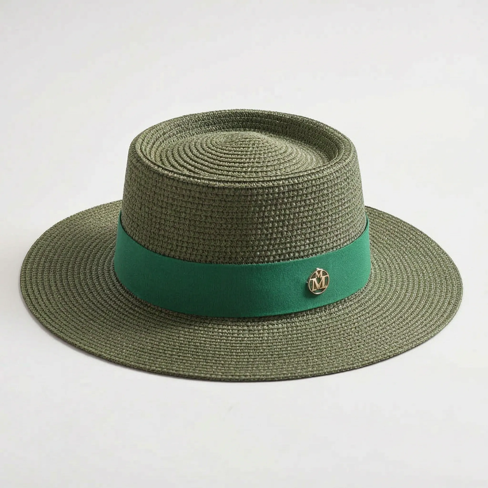 Green flat-top woven sun hat