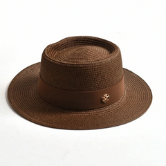 Brown flat-top woven sun hat