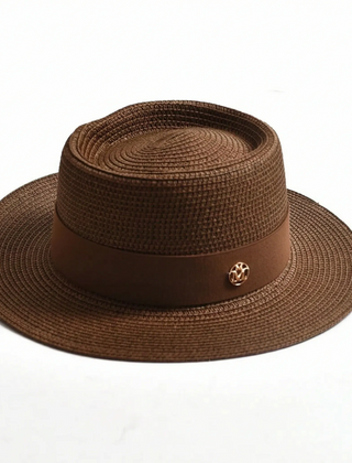 Brown flat-top woven sun hat