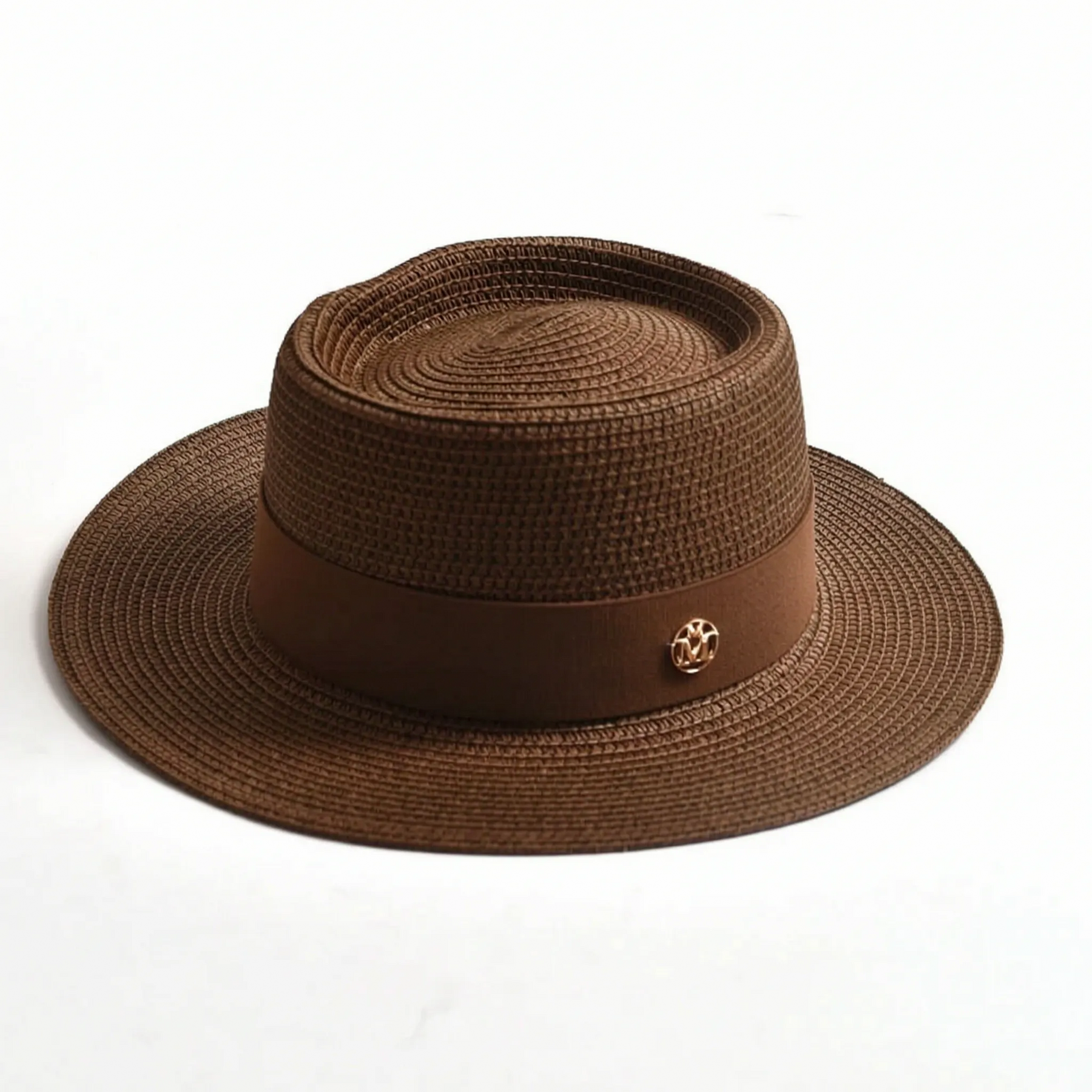 Brown flat-top woven sun hat