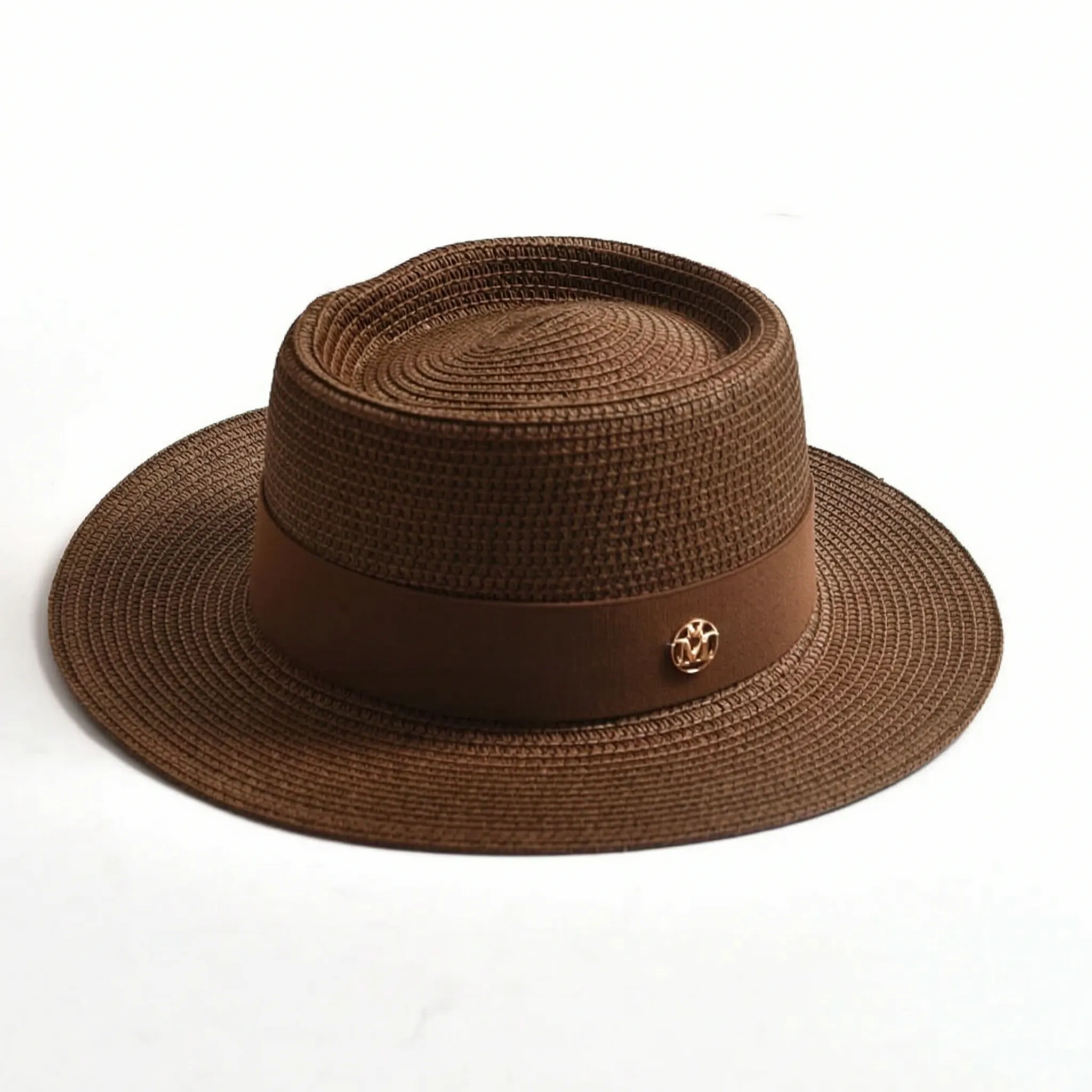 Brown flat-top woven sun hat