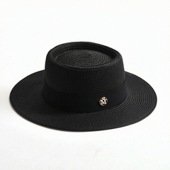 Black flat-top woven sun hat