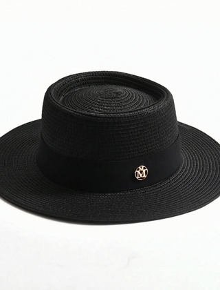 Black flat-top woven sun hat