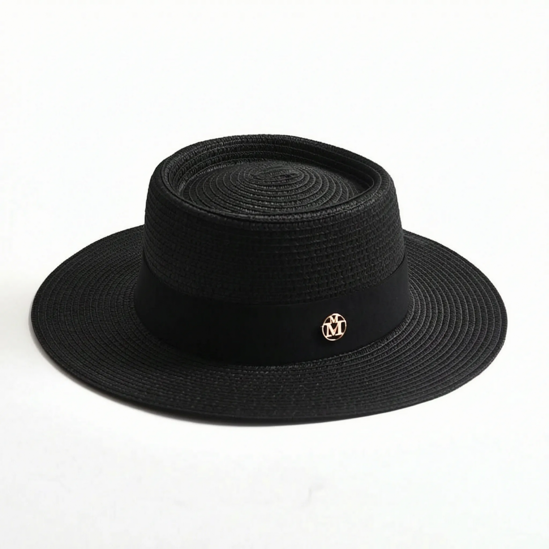 Black flat-top woven sun hat
