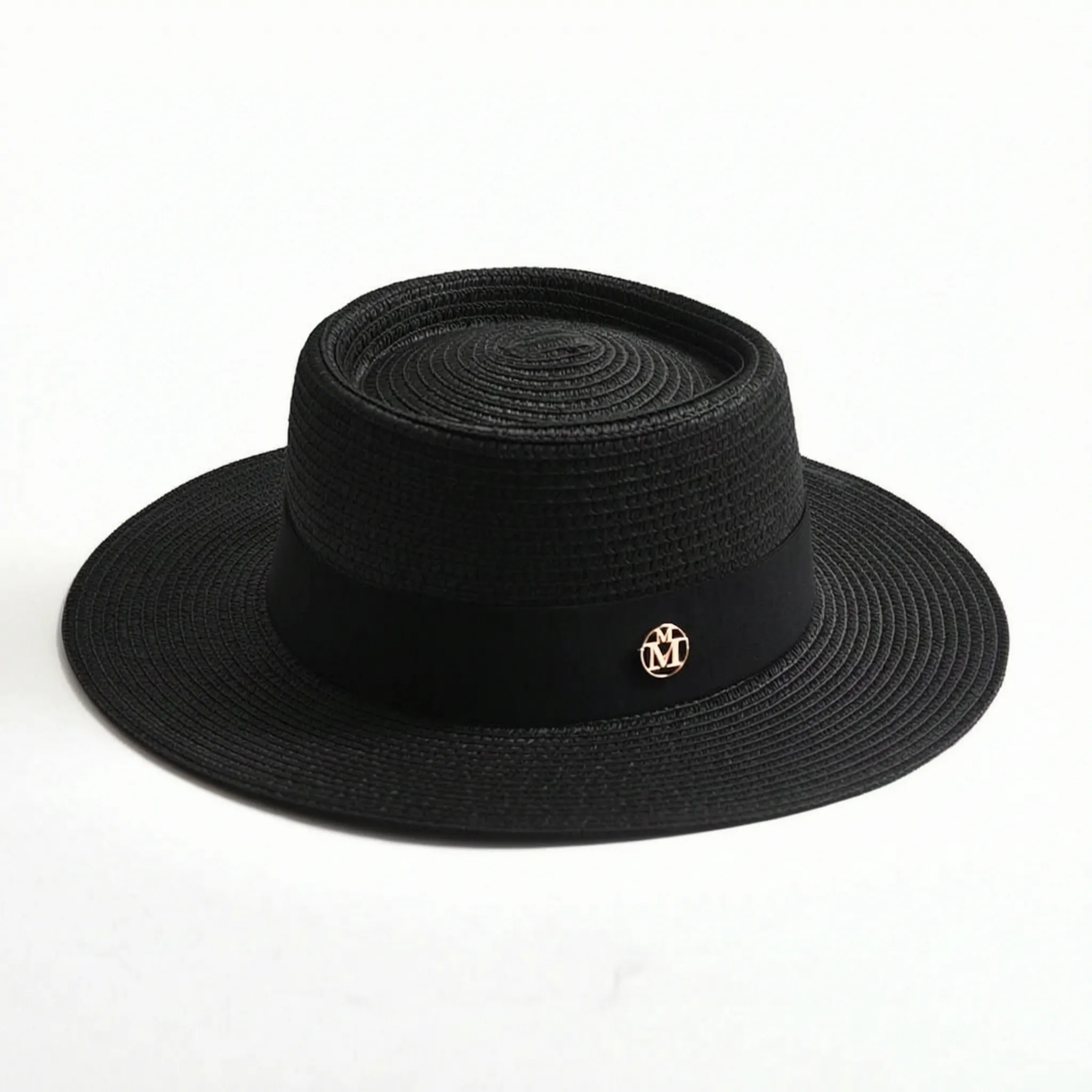 Black flat-top woven sun hat