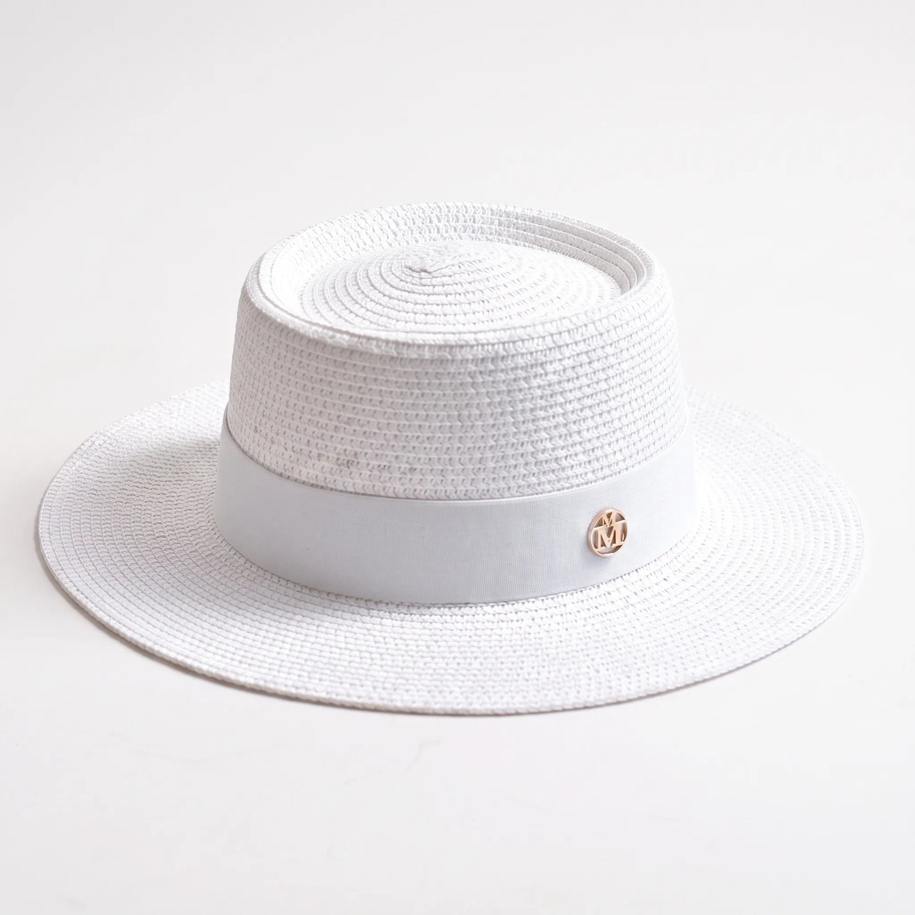 White flat-top woven sun hat with contrast band