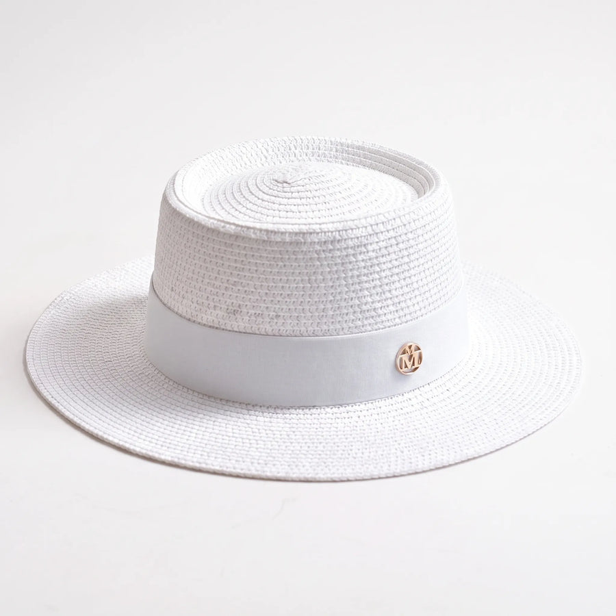 White flat-top woven sun hat with contrast band