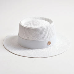 White flat-top woven sun hat
