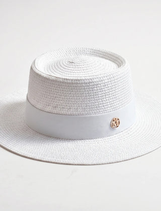 White flat-top woven sun hat
