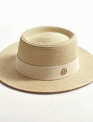 Beige flat-top woven sun hat
