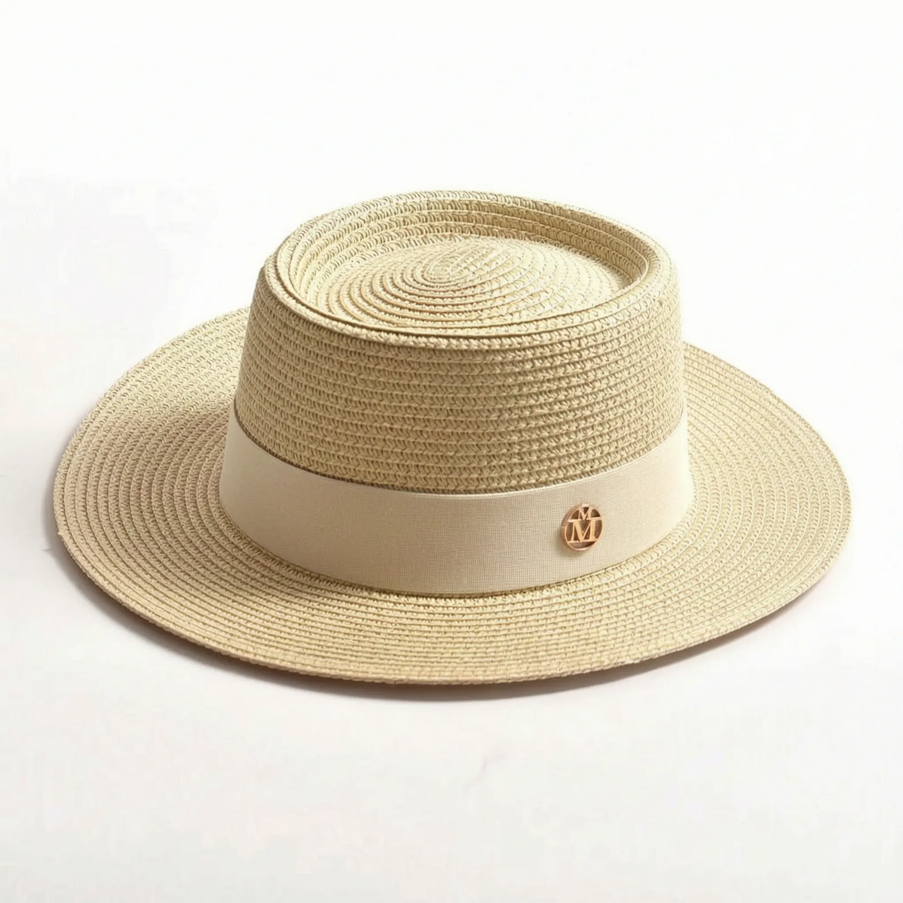 Beige flat-top woven sun hat