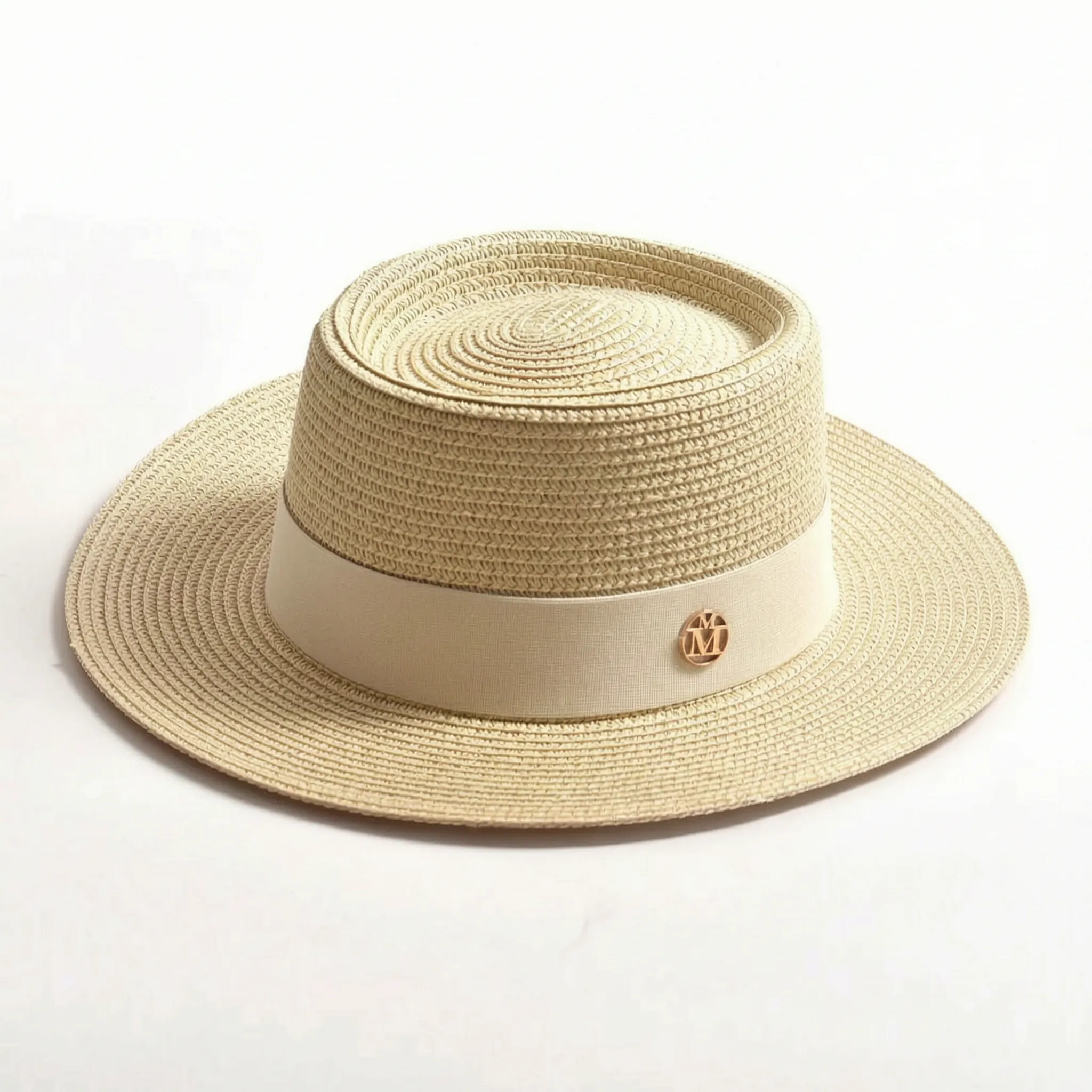 Beige flat-top woven sun hat