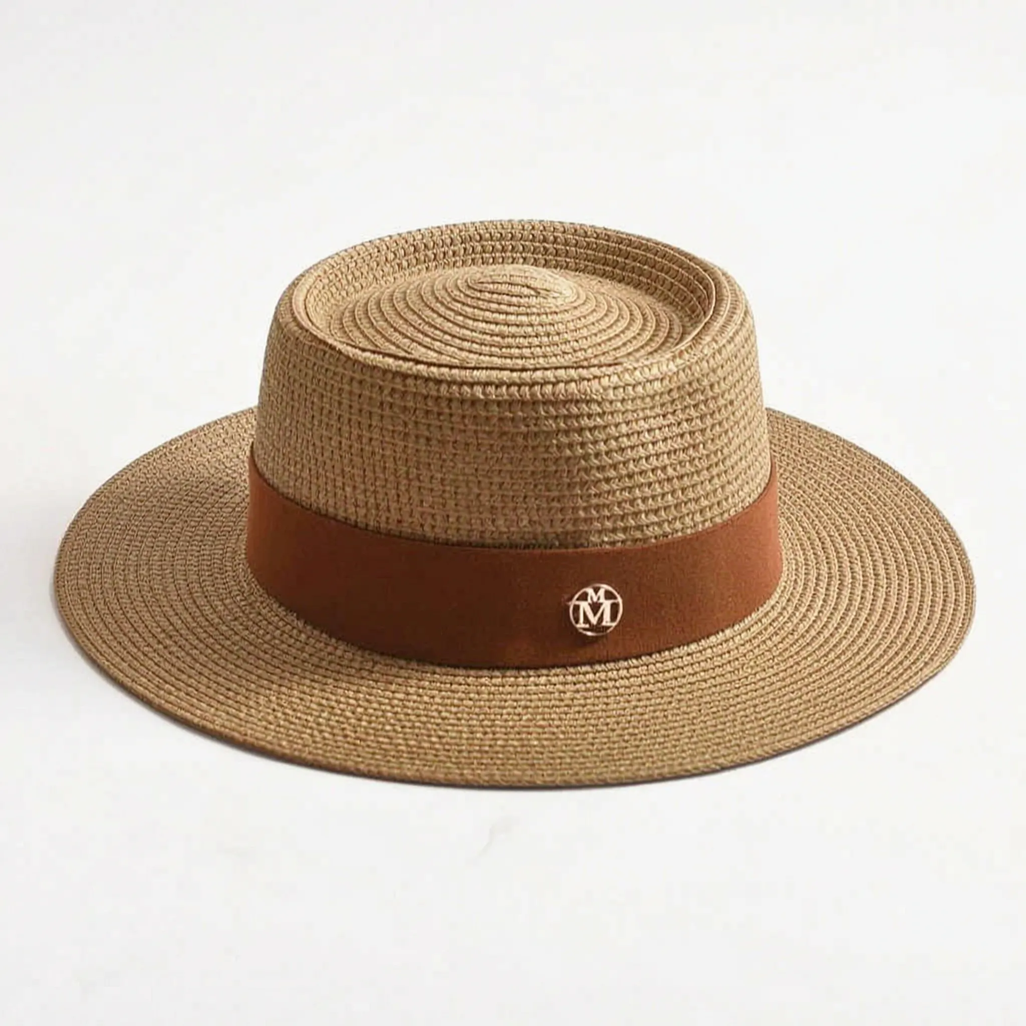 Khaki flat-top woven sun hat