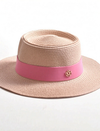 Pink flat-top woven sun hat