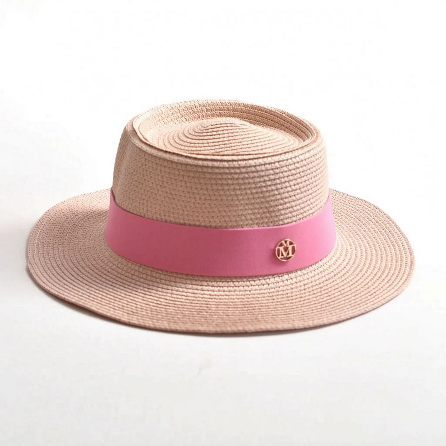 Pink flat-top woven sun hat