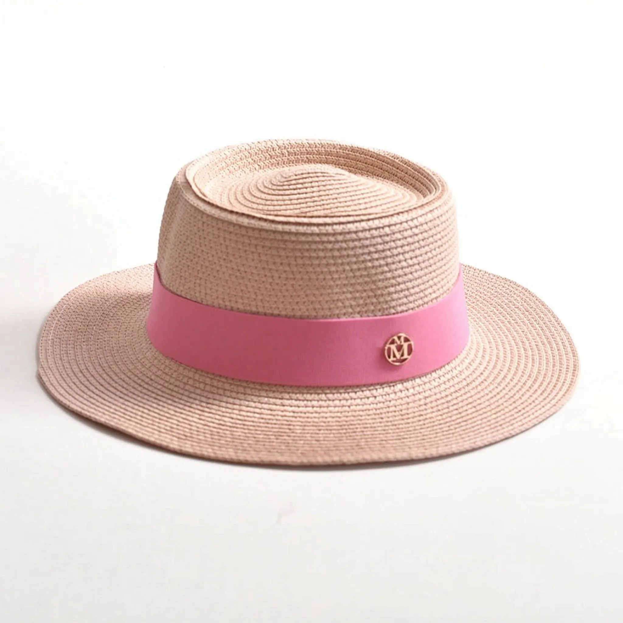 Pink flat-top woven sun hat