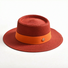 Red flat-top woven sun hat